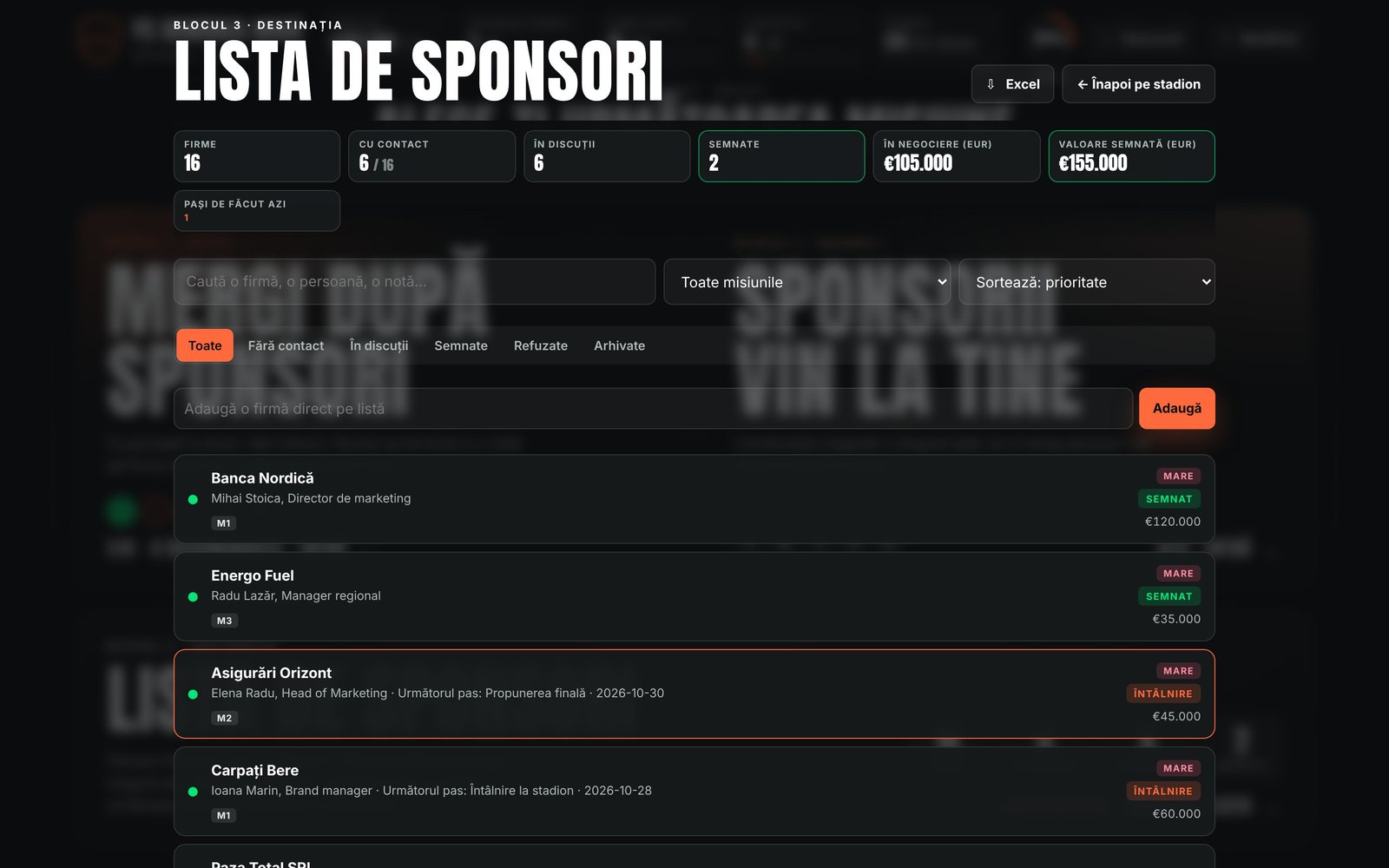 Lista de sponsori, cu stadiul fiecărei firme